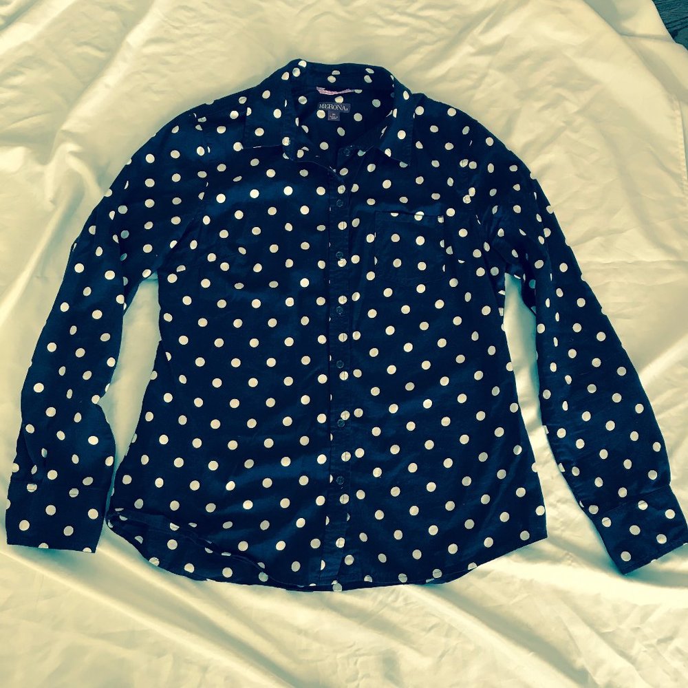 WOMENS NAVY BLUE WITH WHITE POLKA DOTS BUTTON UP